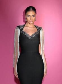 Glamrae Đầm dạ hội bó sát định hình cơ thể bằng đá quý màu đen thủ công thanh lịch và lộng lẫy, dây đeo rộng bất đối xứng, thiết kế tua rua bạc, dành cho khách dự tiệc cưới, tốt nghiệp, tiệc tối - màu đen - Xem 5