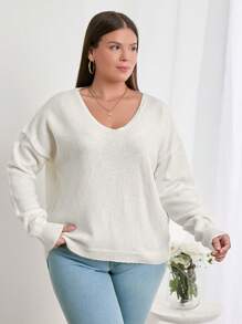 SHEIN Cottnline Plus Size Back Lace Detailed Round Neck Elegant Pullover Sweater - White - View 4