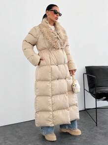 EURMUSE Women's Long Winter Jacket With Padding Details And Fox Scarf, Elegant And Make You Warm In Winter - Beige - View 7