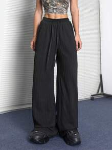 SHEIN EZwear Women's Streetwear Casual Goth Casual Drawstring Waist Straight-Leg Jogger Pants With Textured Fabric - Black - View 1