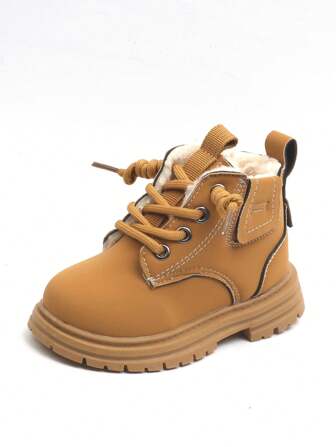 (Autumn/Winter) Kids Boots, Thick Fluffy-Lined Casual Boys Yellow Mid-Calf Boots, Round Toe Toddler/Little Kid Shoes