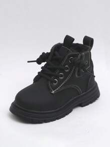 新款秋冬儿童靴子，休闲厚绒男童黄色踝靴，圆头幼儿和小孩鞋 - 黑色 - 查看 3