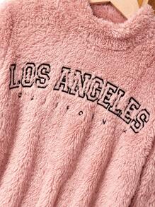 SHEIN Tween Girl Asymmetrical Hem Text Embroidered Warm Turtleneck Double-Sided Fleece Midi Sweatshirt Dress, For Casual Wear, Autumn & Winter, Pink - Dusty Pink - View 3