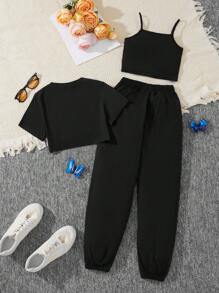 Sparklyn 3 件套 Tween 女童蝴蝶印花吊带背心上衣 + 松紧腰裤 + 纯色短袖上衣休闲装