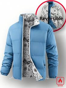 Manfinity Hypemode Men's Thick Padded Reversible Printed Padded Coat With Stand Collar, Warm For Fall Winter, Smoky Blue - Dusty Blue - View 3