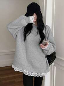 DAZY Women Casual Lace Patchwork Crew Neck Long Sleeve Sweatshirt,Fall Women Clothes