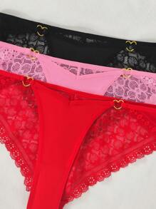 Wedaily Juego de 3 piezas de pantis para mujer tipo Hipster con diseño de corazón, de encaje y parches, transpirables y cómodos - Multicolor - Ver 4
