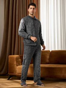 Bộ đồ ngủ 2 món áo sơ mi dài tay cài nút phía trước màu trơn cho nam và quần dài - Màu xám đen - Xem 4