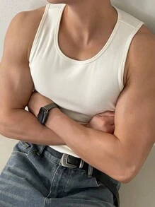 DAZY Men Solid Round Neck Sleeveless Casual Top, Fall - White - View 6