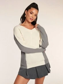 Allurite Women's Casual V-Neck Drop Shoulder Long Sleeve Contrast Color Loose Sweater, Autumn Winter Knit Pullover Fall Outfit