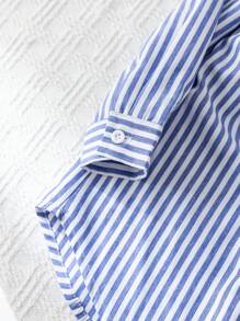 Baby Girl Striped Long Sleeve Dress & Navy Blue Shawl Winter Set - Blue - View 5