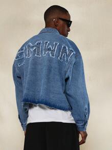 SUMWON Crop Long Sleeve Washed Raw Edge Denim Shirt With Applique At Back - Blue - View 1