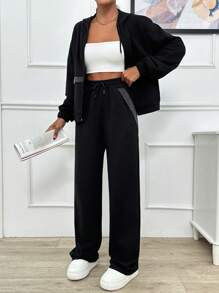 EURMUSE 两件套 两线连帽衫 带闪光宝石细节的运动衫和运动裤 - 黑色 - 查看 5