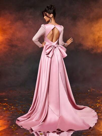 SHEIN Belle Elegant Minimalist Lotus Root Pink Square Collar Long Sleeve A-Line Backless Detachable Big Bow Super Long Train Formal Evening Gown, Prom Dress, For Wedding Guest, Graduation, Dinner