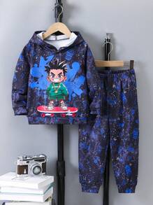 SHEIN Bộ 2 món/Bộ đồ hoodie và quần nỉ thường ngày cho bé trai, họa tiết chân dung Graffiti, phù hợp mặc vào mùa thu, đông, đi học, mặc hàng ngày - Nhiều màu - Xem 4