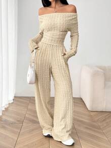 SHEIN EZwear 卡其色针织露肩上衣和裤子 - 卡其色 - 查看 5