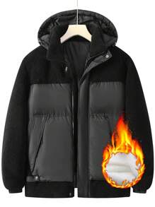 Manfinity Homme Men's Reversible Padded Coat With Detachable Fluffy Trim Hood, Going Out Warm Casual Color Block Winter Coat, For Friends, Husband, Boyfriend Gifts