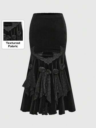 Goth Falda de cola de pez de encaje hecha a mano y elegante con rosa del Palacio, dobladillo asimétrico, unicolor negro, para mujer