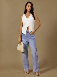 Poéselle Sommer einfarbige Strickweste mit Schlitzausschnitt und V-Ausschnitt, Lässig-Stil, einzigartiges Design