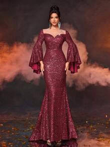Glamrae Vestido de Festa Longo para Convidados de Casamento, Formatura, com Mangas Exageradas Flare, Gola Barco, Bainha em Cauda de Sereia, Bordô Elegante e Luxuoso, Brilho Exagerado - Vinho - Visão 7