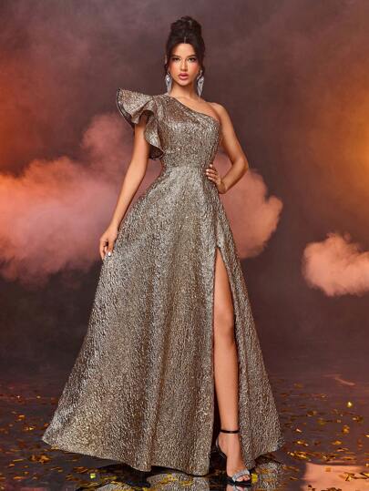 Glamrae Elegante y deslumbrante vestido de noche de satén jacquard dorado con un hombro, mangas con volantes, bajo amplio y abertura hasta el muslo, para fiestas de noche, vestido de graduación formal, para invitados de boda, cena