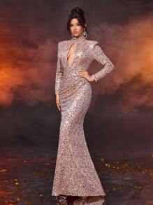 SHEIN Belle Elegant And Gorgeous Champagne Color Bright Sequins High Collar Chest Water Drop Hollow Long Sleeve Fishtail Type Gathered Hem Trailing Party Dinner Formal Evening Dress, Prom Gown, For Wedding Guest, Graduation