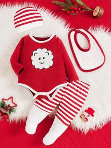 4 件套新生女婴简约圣诞图案印花长袖连体衣、裤子、帽子和围兜套装