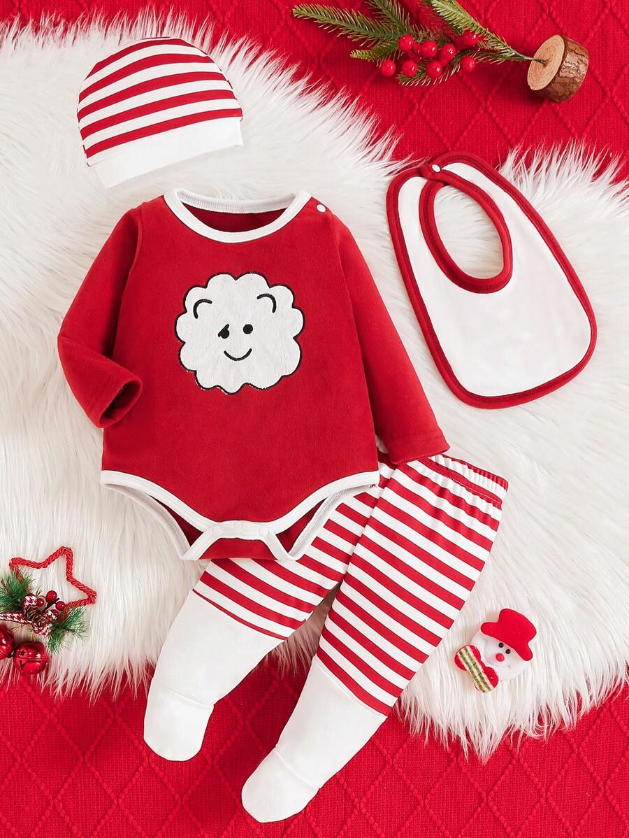 4 件套新生女婴简约圣诞图案印花长袖连体衣、裤子、帽子和围兜套装