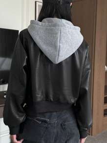 DAZY Women's Casual Contrast Color Dropped Shoulder Long Sleeve Zipper Front Hooded Loose Jacket, Spring And Autumn Leather Jacket