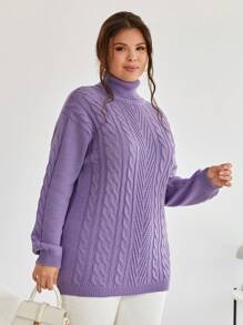 EURMUSE Turtleneck Cable Knit Drop Shoulder Sweater - Lilac Purple - View 4
