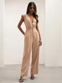 COSMINA Bộ đồ liền thân tối giản cổ chữ V màu trơn dành cho nữ, mặc thường ngày - Màu Khaki - Xem 3