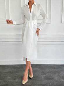 EURMUSE Autumn Fashion Ruffled Collar Wrap Tied Midi Dress - White - View 4