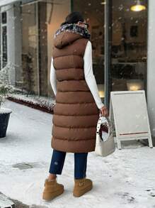 EURMUSE Fur And Zipper Added Padded Long Brown Vest - Brown - View 2