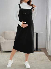 SHEIN Vestido casual suelto con bolsillo y tirantes de unicolor para mujeres embarazadas, para primavera y otoño, para maternidad - Negro - Ver 3