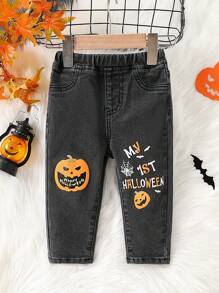 SHEIN 女婴南瓜图案保暖内衬黑色牛仔裤，抓绒加厚服装高弹牛仔裤，秋冬装，万圣节装 - 深灰色 - 查看 4