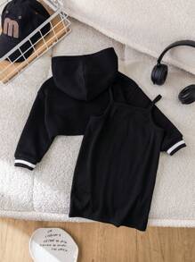 SHEIN 2 piezas Conjunto de sudadera con capucha corta con estampado de letras negras lindas y vestido camisero para niñas bebés, otoño/invierno