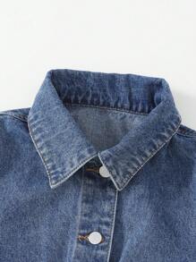 SHEIN Tween Girls Washed Denim Jacket And A-Line Rhinestone Denim Mini Skirt Outfit, Casual And Versatile For Everyday Wear - Blue - View 6