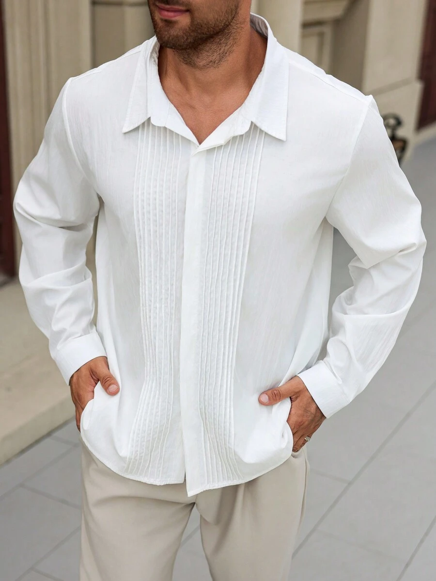 Manfinity Homme Áo sơ mi nam tay dài trơn cỡ lớn cài nút đơn giản, dùng khi đi chơi - trắng - Xem 1