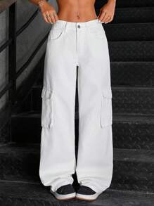 SHEIN ICON Jeans rectos de pierna simplificada con múltiples bolsillos y botón delantero en un estilo lavado sencillo