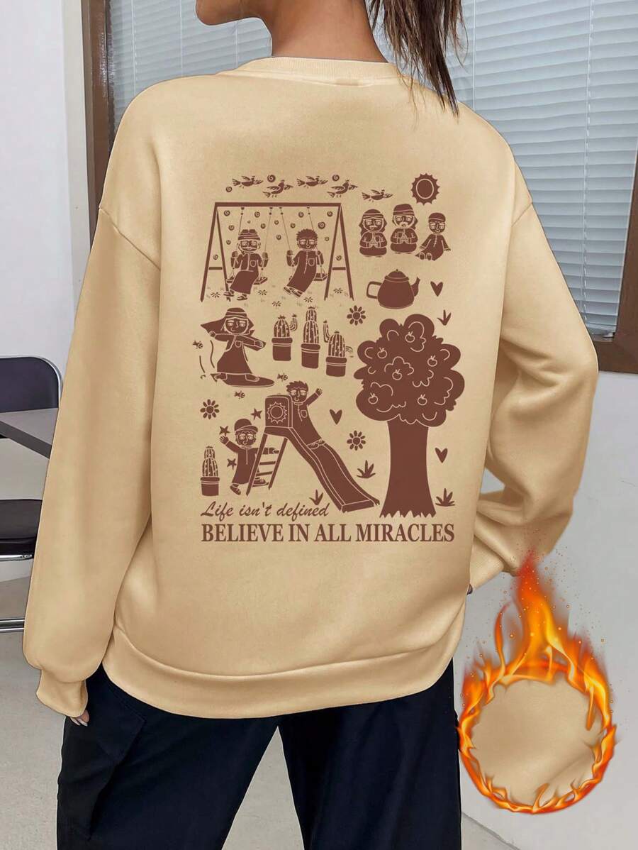 Seusyu Casual Minimal Print Pattern Crew Neck Long Sleeve Thick Loose Fit Women Sweatshirt, Autumn/Winter, Casual Comfy Pullover Top - Apricot - View 1