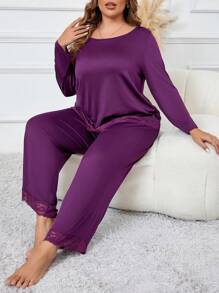 大码蕾丝拼布长袖睡衣套装