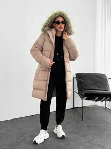 EURMUSE SNAP BUTTONED FAUX HOODED PUFFER WINTERCOAT - Beige - View 3