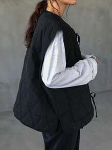 FRIFUL Solid Tie Front Quilted Vest Coat Jacket - Black - View 6