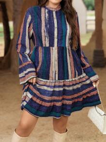 SHEIN LUNE 大码女式拼色条纹印花圆领长袖连衣裙 - 彩色 - 查看 7