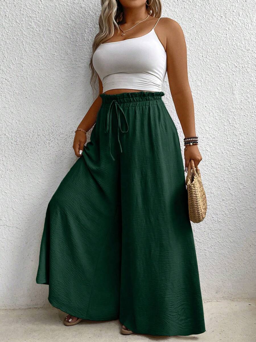 SHEIN LUNE 大码女式纯色纸袋腰系带阔腿裤 - 綠色 - 查看 1