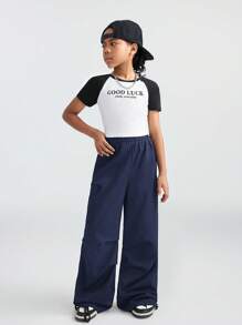 SHEIN 青少年女孩黑色裤子 返校服装 衣服 妈妈和我的 Kpop Y2k 宽腿格子工装裤 足球/排球感恩节万圣节服装圣诞节运动裤 春/秋/冬 - 藏蓝色 - 查看 3