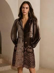 Anewsta Elegantes Modekleid mit Kragen, Laternenärmeln, Samt und besticktem Saum