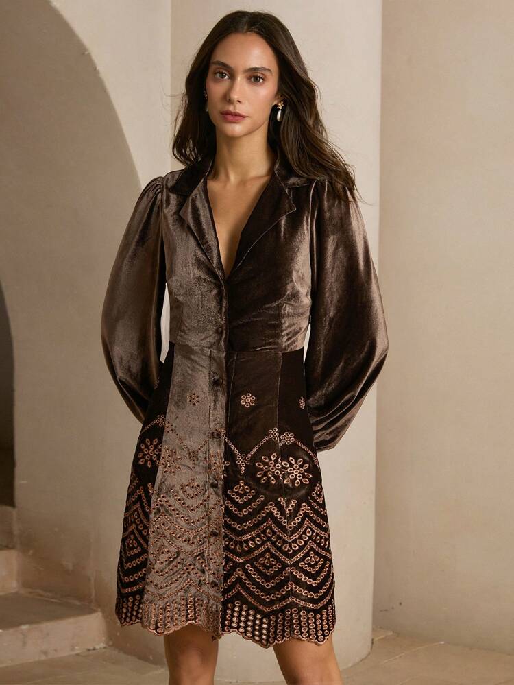 Collar Lantern Sleeve Velvet Embroidered Hem Elegant Fashion Dress