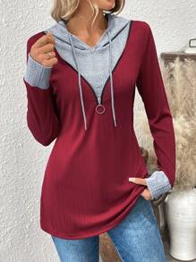 SHEIN LUNE Texture Splice Hooded Zip-Up Casual T-shirt voor dames