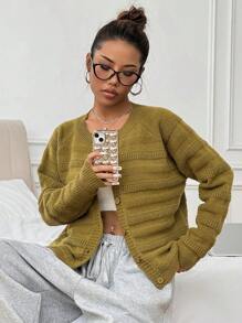 Flirla 女式纯色插肩袖单排扣休闲开衫，秋冬款 - 綠色 - 查看 3